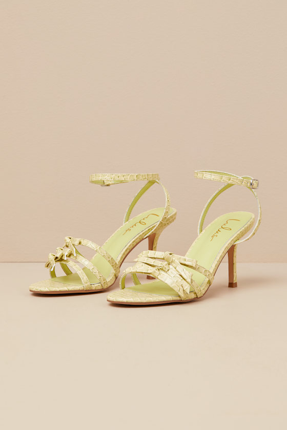 Shop Lulus Devereux Sorbet Croc-embossed Bow High Heel Sandals In Green