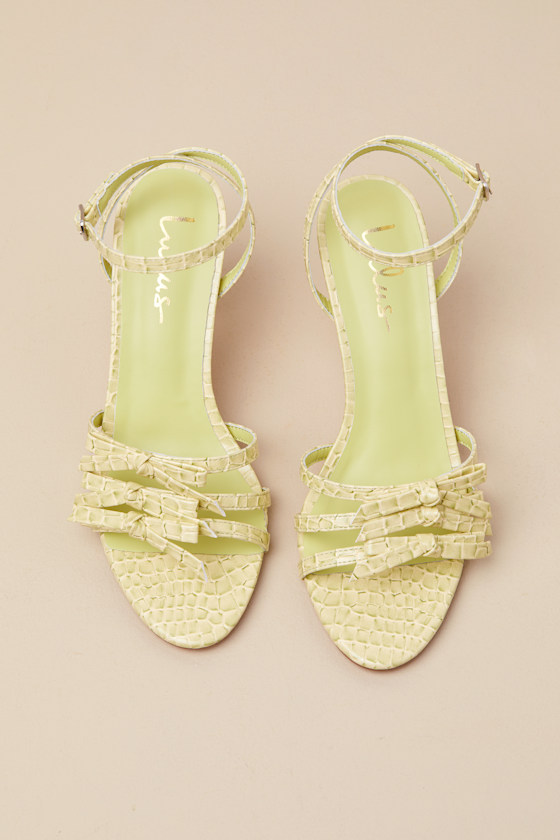 Shop Lulus Devereux Sorbet Croc-embossed Bow High Heel Sandals In Green