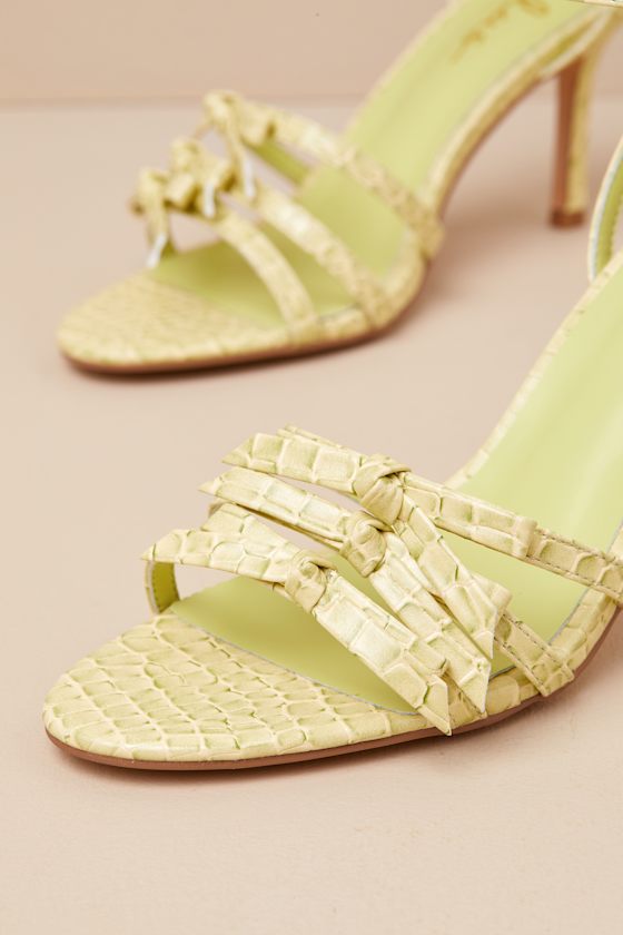 Shop Lulus Devereux Sorbet Croc-embossed Bow High Heel Sandals In Green