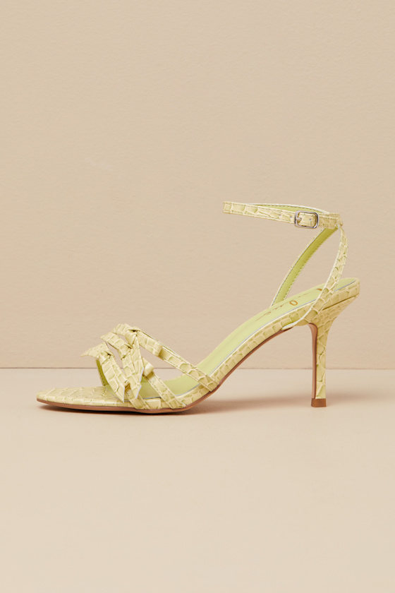 Shop Lulus Devereux Sorbet Croc-embossed Bow High Heel Sandals In Green
