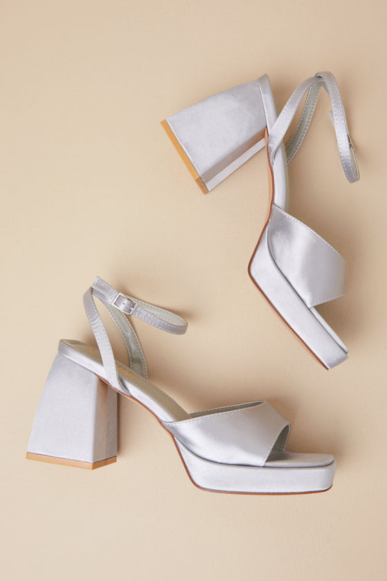 Lulus Shirine Grey Satin Platform Ankle Strap Heels In Grey