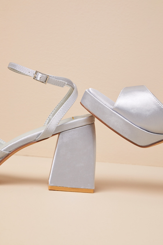 Lulus Shirine Grey Satin Platform Ankle Strap Heels In Grey