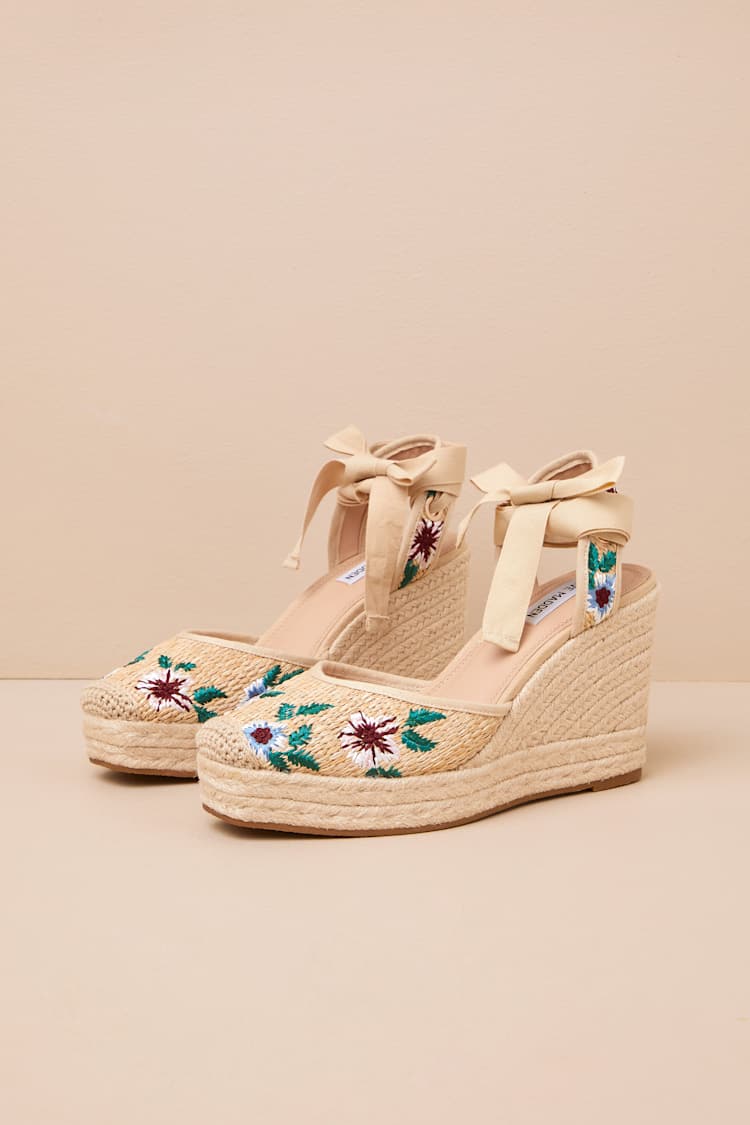 Vero Floral Raffia Lace-Up Espadrille Wedges