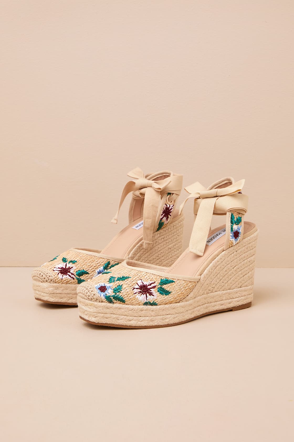 Vero Floral Raffia Lace-Up Espadrille Wedges