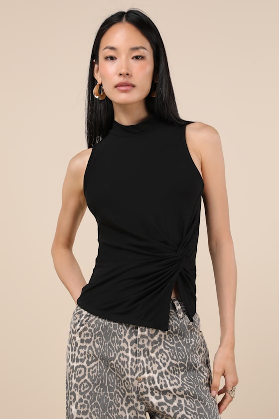 Lulus Stylish Inclination Black Mock Neck Knot-front Sleeveless Top In Black