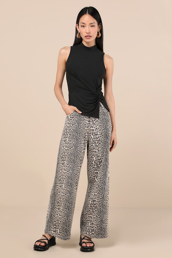 Lulus Stylish Inclination Black Mock Neck Knot-front Sleeveless Top In Black
