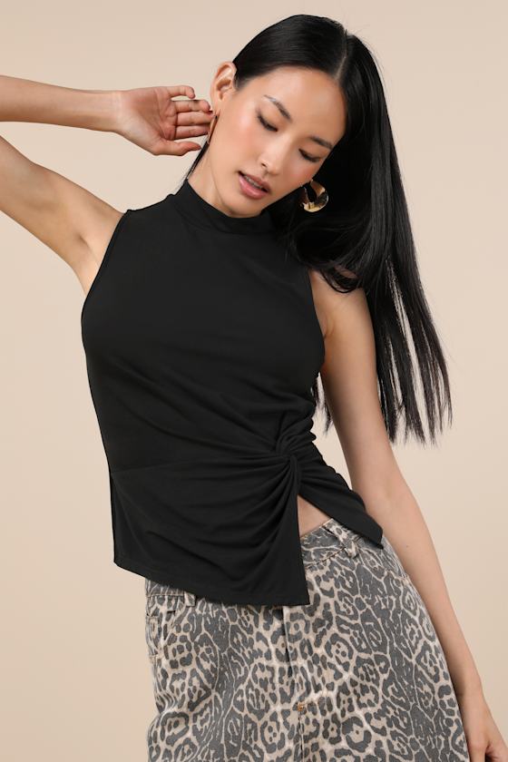 Lulus Stylish Inclination Black Mock Neck Knot-front Sleeveless Top In Black