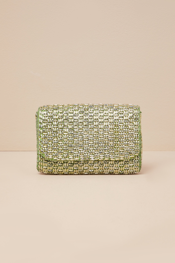 LULUS STUNNING GLOW GOLD AND GREEN BEADED RECTANGULAR MINI CLUTCH
