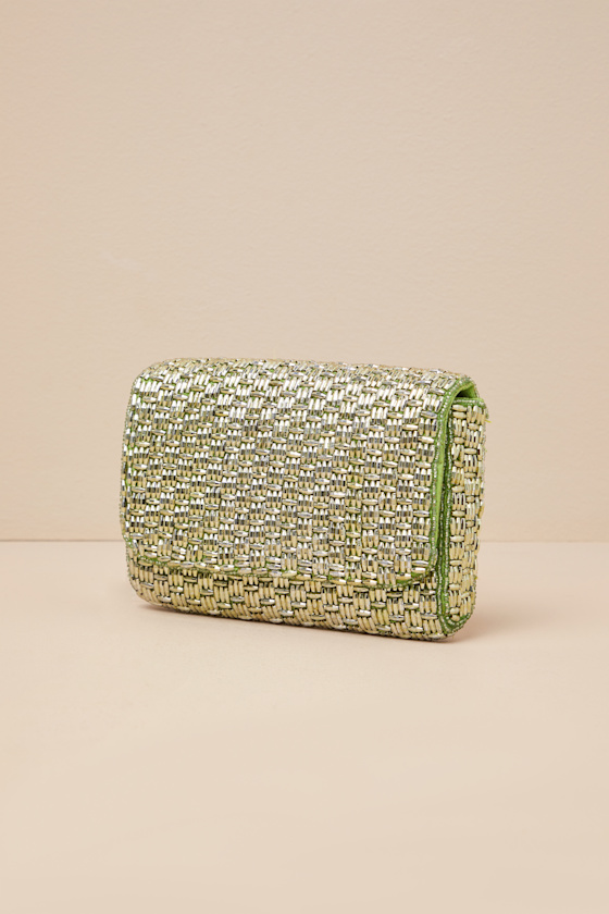 LULUS STUNNING GLOW GOLD AND GREEN BEADED RECTANGULAR MINI CLUTCH