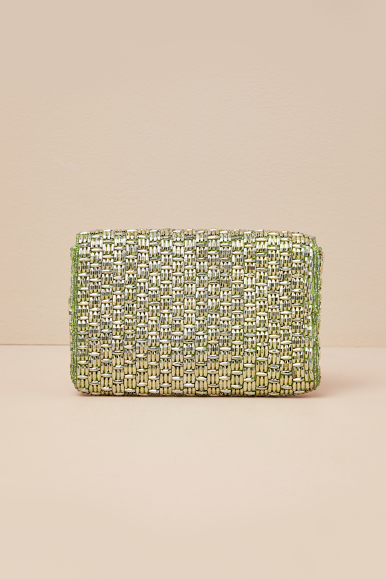 LULUS STUNNING GLOW GOLD AND GREEN BEADED RECTANGULAR MINI CLUTCH