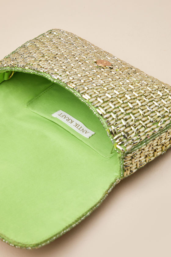 LULUS STUNNING GLOW GOLD AND GREEN BEADED RECTANGULAR MINI CLUTCH