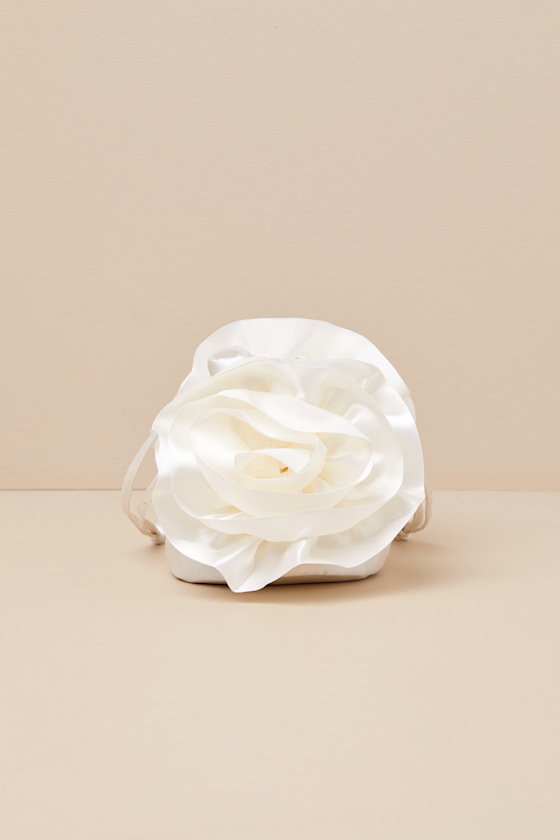 Reeta Ivory Satin Rosette Bucket Bag