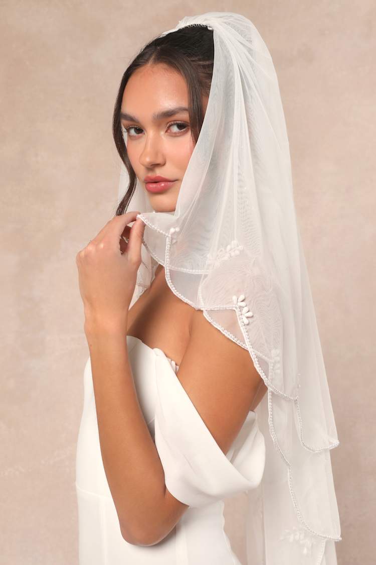 White Mesh Veil - Beaded Veil - Layered Veil - Hip-Length  display picture 1
