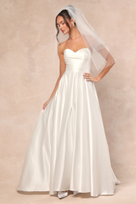 Khalida White Satin Pleated Strapless Gown 1