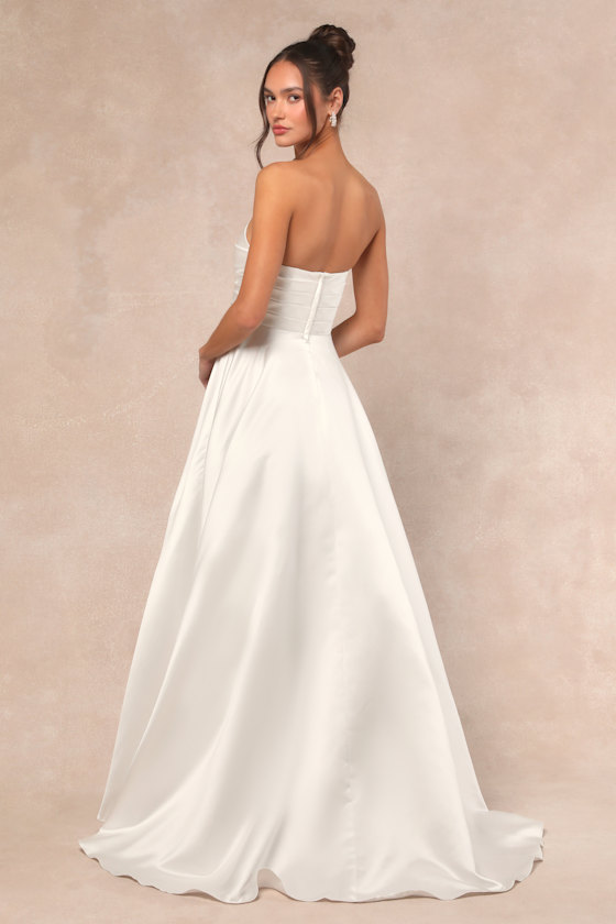 Khalida White Satin Pleated Strapless Gown 2