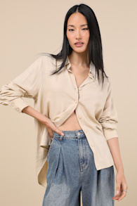 Notable Aesthetic Beige Linen Collared Button-Up Top