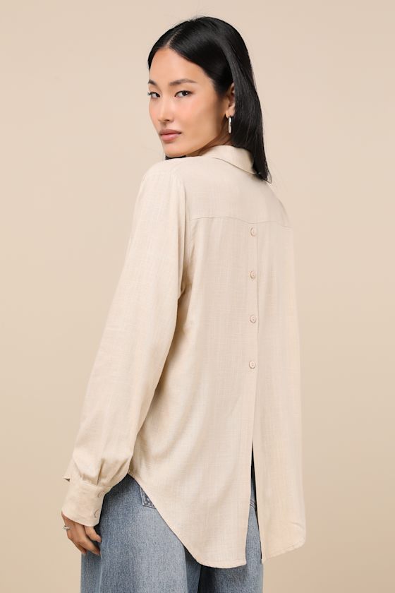 Notable Aesthetic Beige Linen Collared Button-Up Top 3