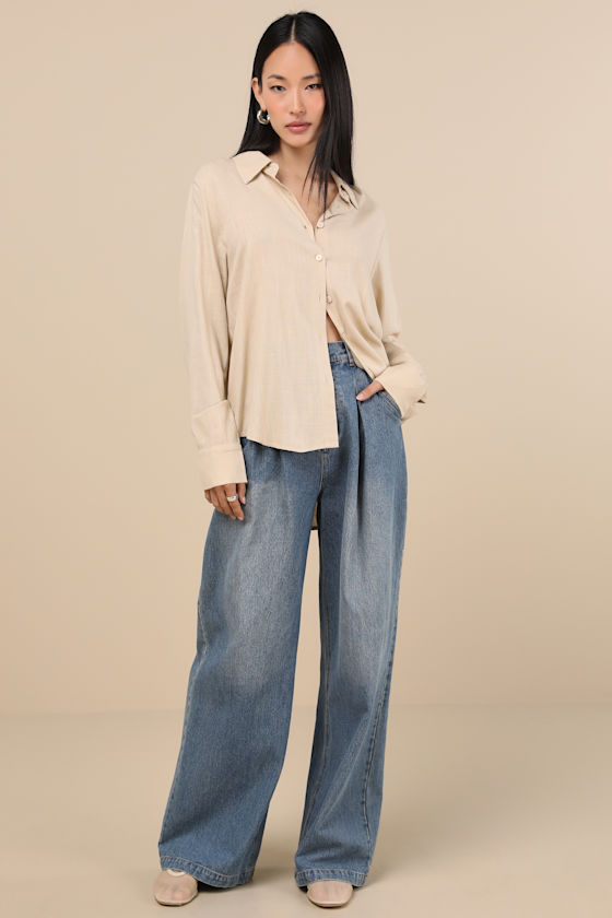 Lulus Notable Aesthetic Beige Linen Collared Button-up Top In Beige
