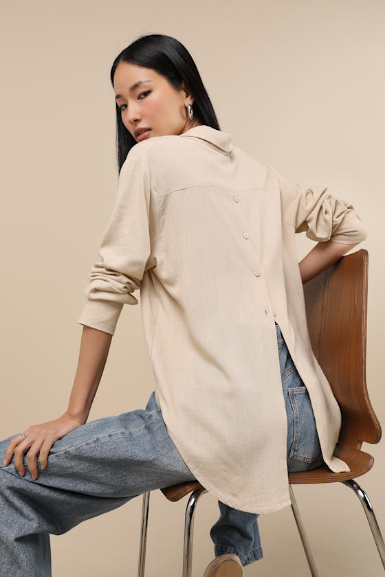 Lulus Notable Aesthetic Beige Linen Collared Button-up Top In Beige