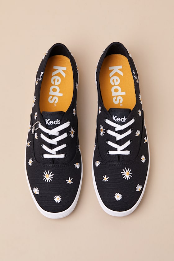 Keds Champion Black Canvas Embroidered Lace-up Sneakers In Black