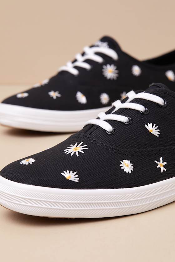 Keds Champion Black Canvas Embroidered Lace-up Sneakers In Black