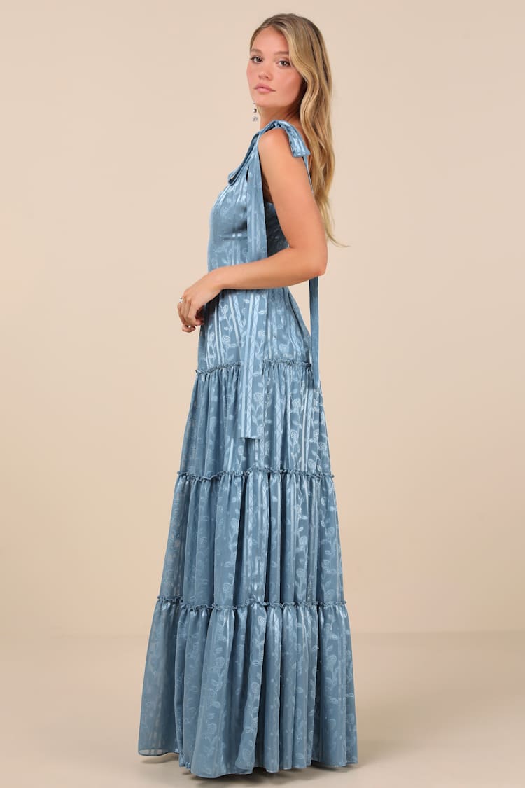 Picturesque Allure Slate Blue Jacquard Tie-Strap Maxi Dress