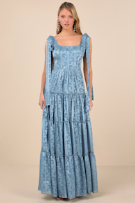Picturesque Allure Slate Blue Jacquard Tie-Strap Maxi Dress 2