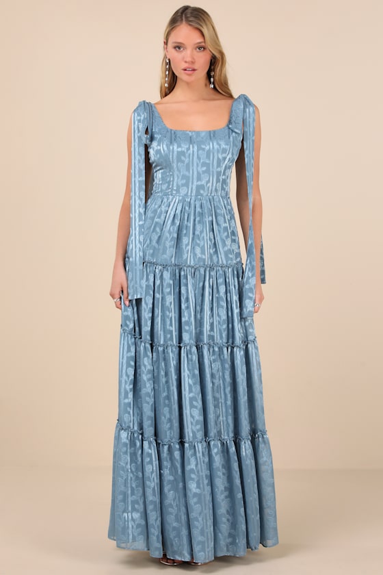 Picturesque Allure Slate Blue Jacquard Tie-Strap Maxi Dress 2