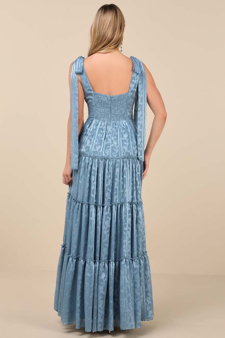 Picturesque Allure Slate Blue Jacquard Tie-Strap Maxi Dress