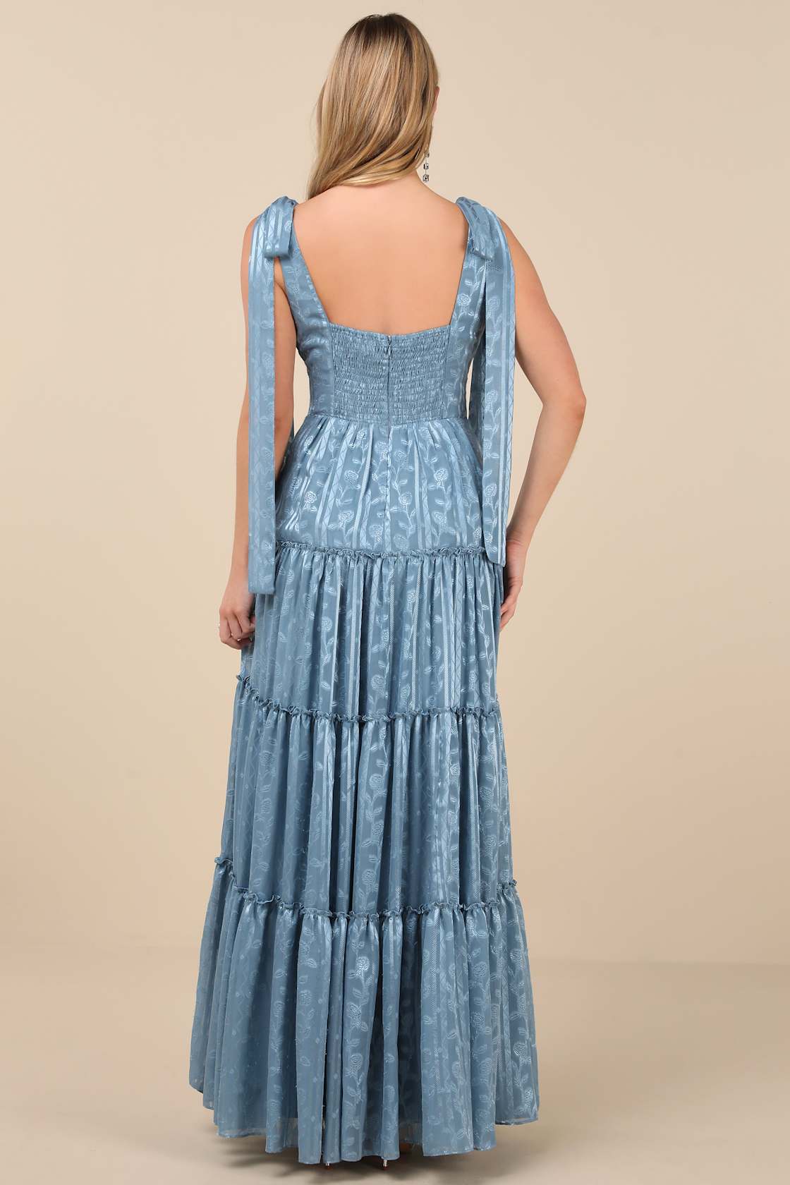 Picturesque Allure Slate Blue Jacquard Tie-Strap Maxi Dress