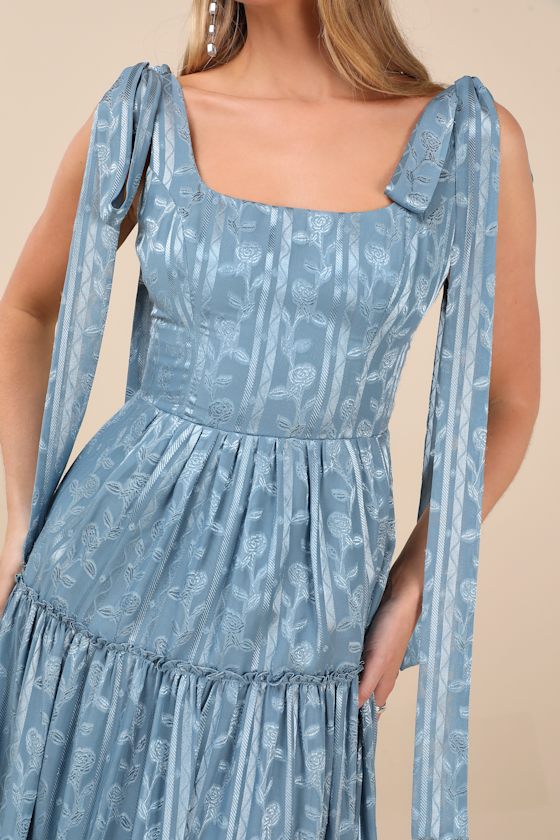 Lulus Picturesque Allure Slate Blue Jacquard Tie-strap Maxi Dress In Slate Blue