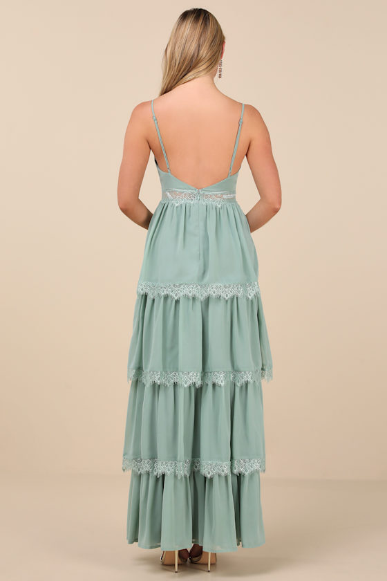 Lulus Reed Sage Tiered Lace Maxi Dress In Green