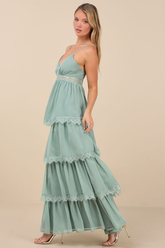 Lulus Reed Sage Tiered Lace Maxi Dress In Green
