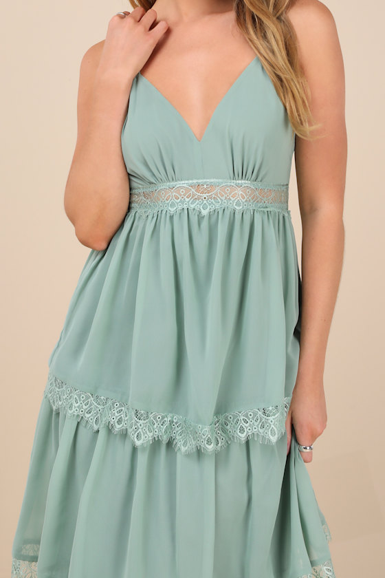 Lulus Reed Sage Tiered Lace Maxi Dress In Green
