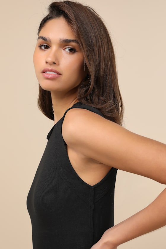 Lulus Ellette Black Ribbed Raglan Seamed Tank Top In Black