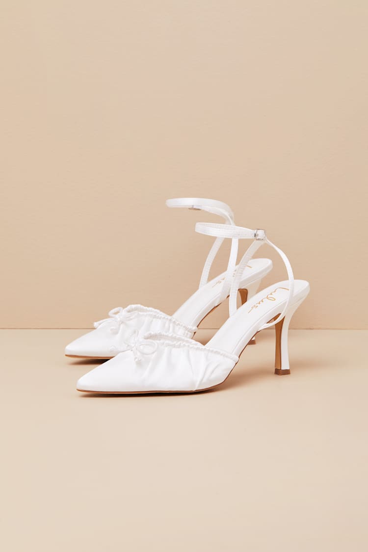 Issoria White Satin Bow Ankle Strap Pumps