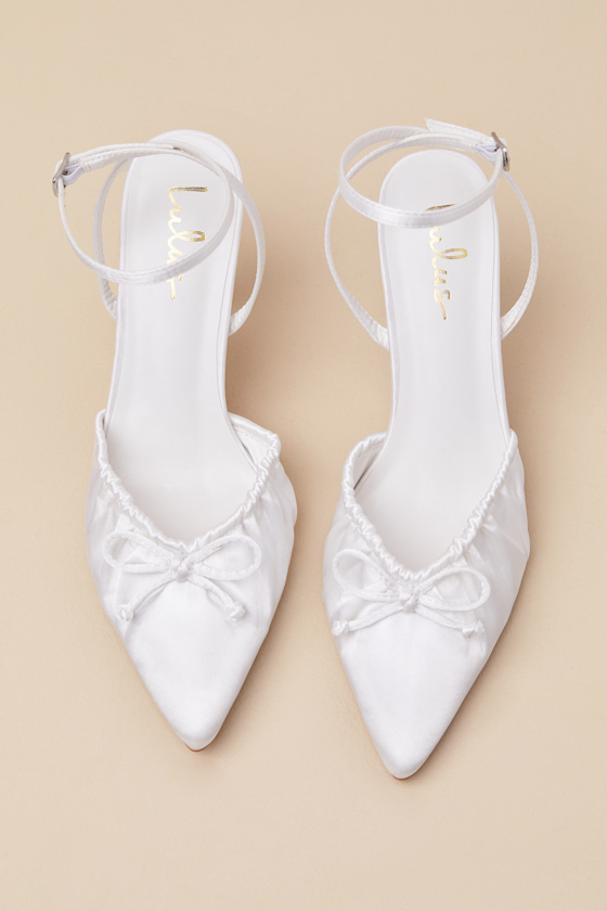 Lulus Issoria White Satin Bow Ankle Strap Pumps In White