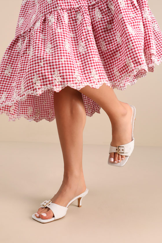 Lulus Austina White Embroidered Buckle High Heel Slide Sandals In White