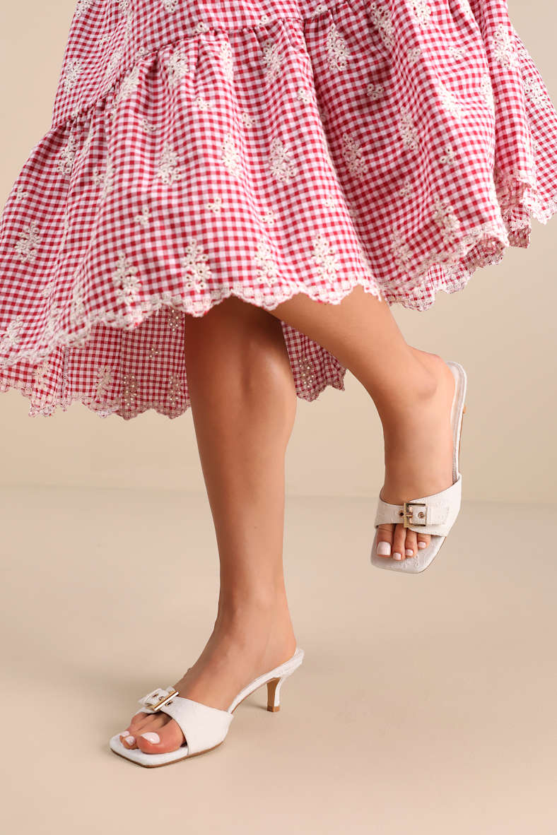 Austina White Embroidered Buckle High Heel Slide Sandals