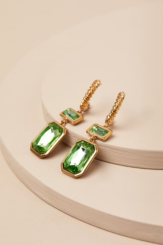 LULUS KOTO GOLD AND GREEN RHINESTONE HOOP DROP EARRINGS