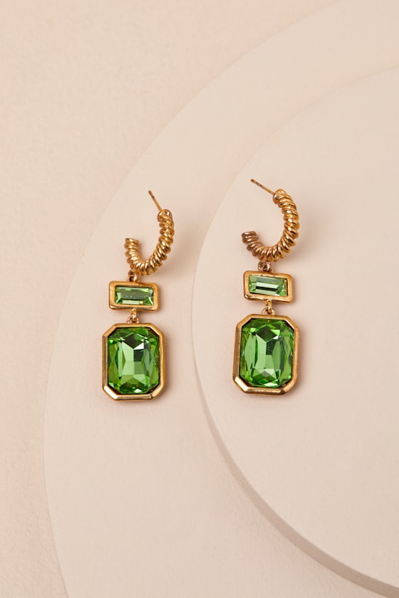 LULUS KOTO GOLD AND GREEN RHINESTONE HOOP DROP EARRINGS