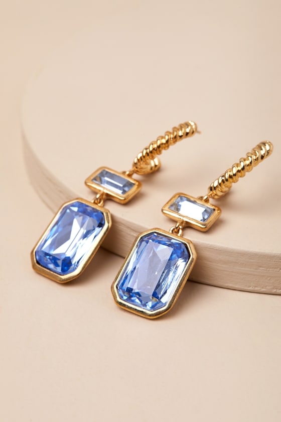 Koto Gold and Blue Rhinestone Hoop Drop Earrings 2