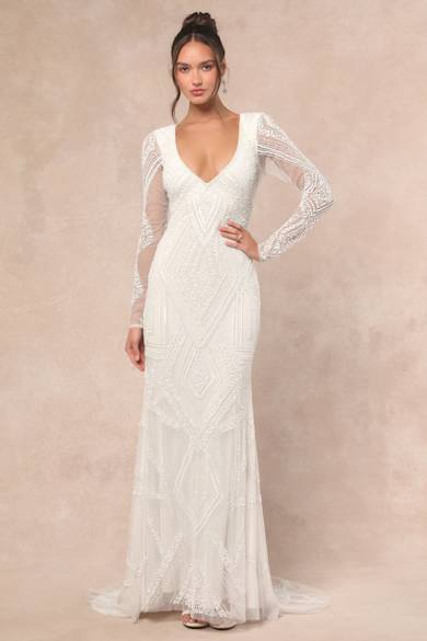 midi fall wedding guest dress Palm Springs Long Sleeve Lace Overlay Maxi Dress White