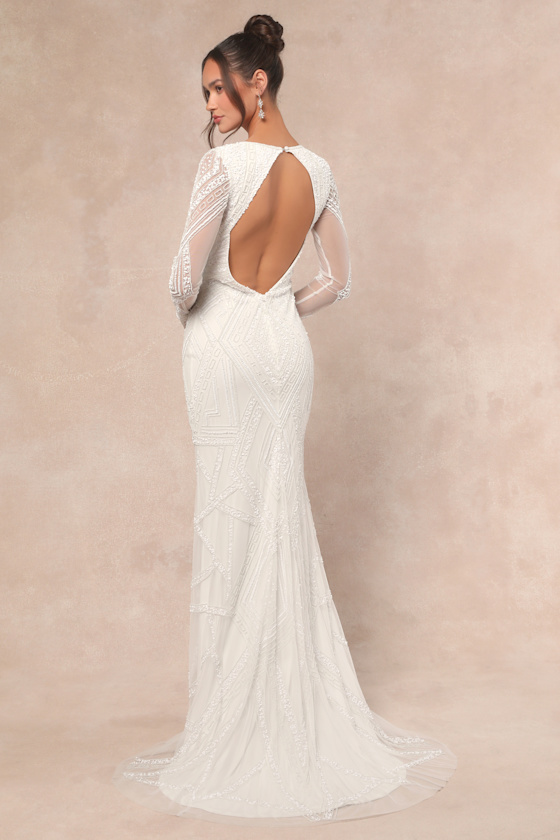 Lulus Deedra White Sequin Beaded Backless Maxi Dress In White