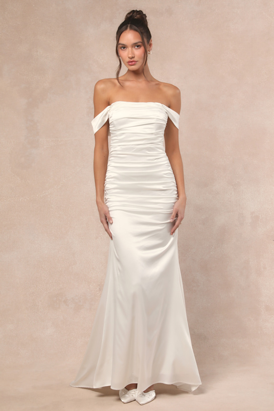 Lulus Torri White Satin Off-the-shoulder Maxi Dress In White