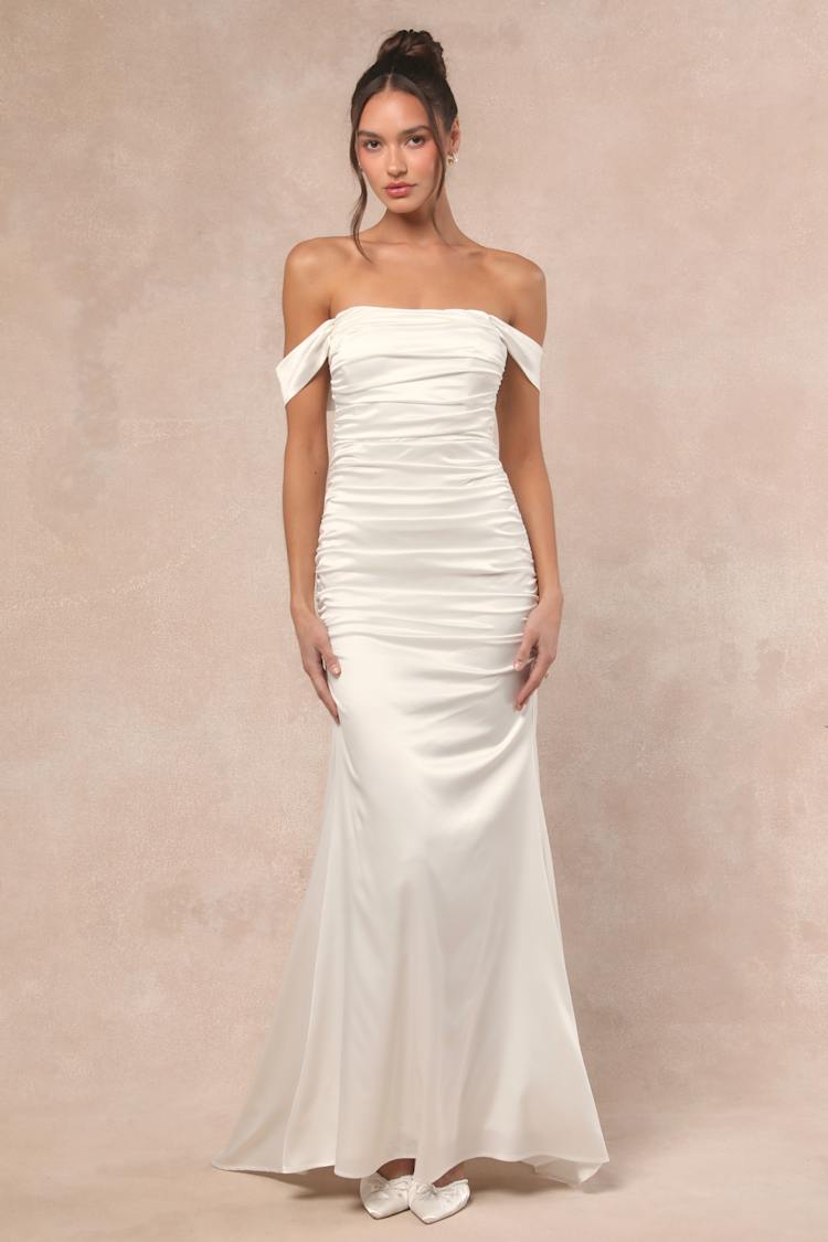 Torri White Satin Off-the-Shoulder Maxi Dress