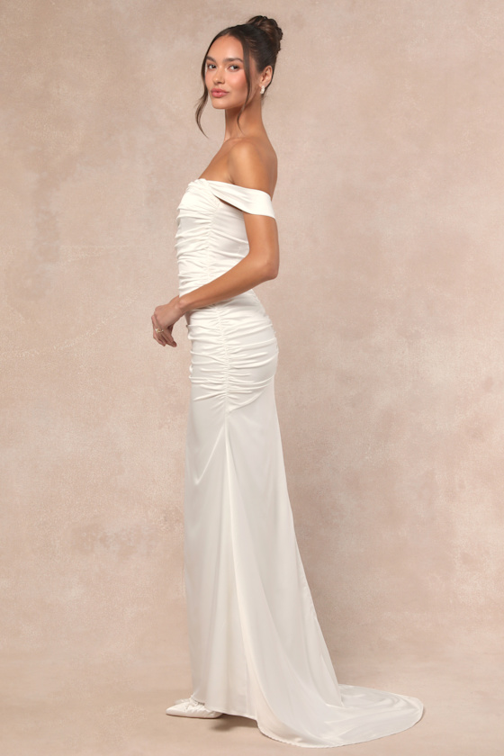 Lulus Torri White Satin Off-the-shoulder Maxi Dress In White