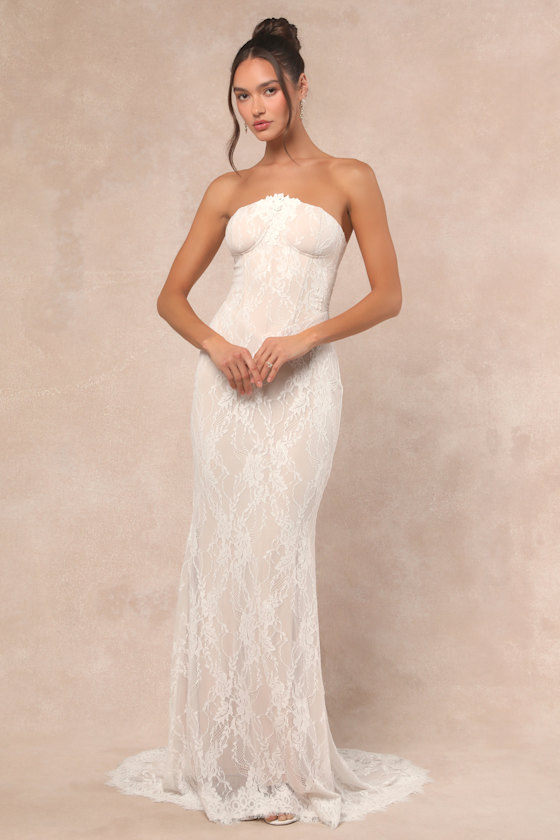 Lulus Valeria White Lace Strapless Bustier Maxi Dress In White