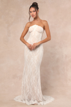 Valeria White Lace Strapless Bustier Maxi Dress Valeria White Lace Strapless Bustier Maxi Dress