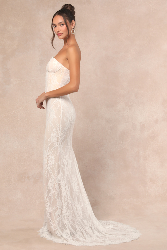Lulus Valeria White Lace Strapless Bustier Maxi Dress In White